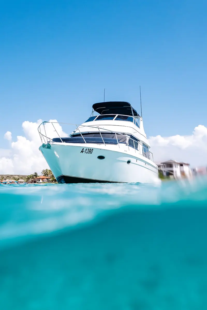 Eden Luca Blue at anchor, seen from the waterline in clear Aruba water