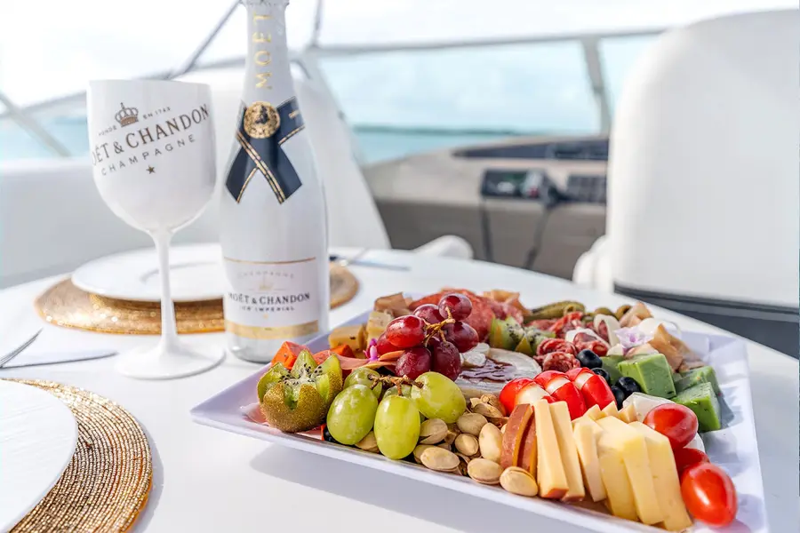Moët & Chandon champagne and a platter served on board an Eden Luca yacht in Aruba