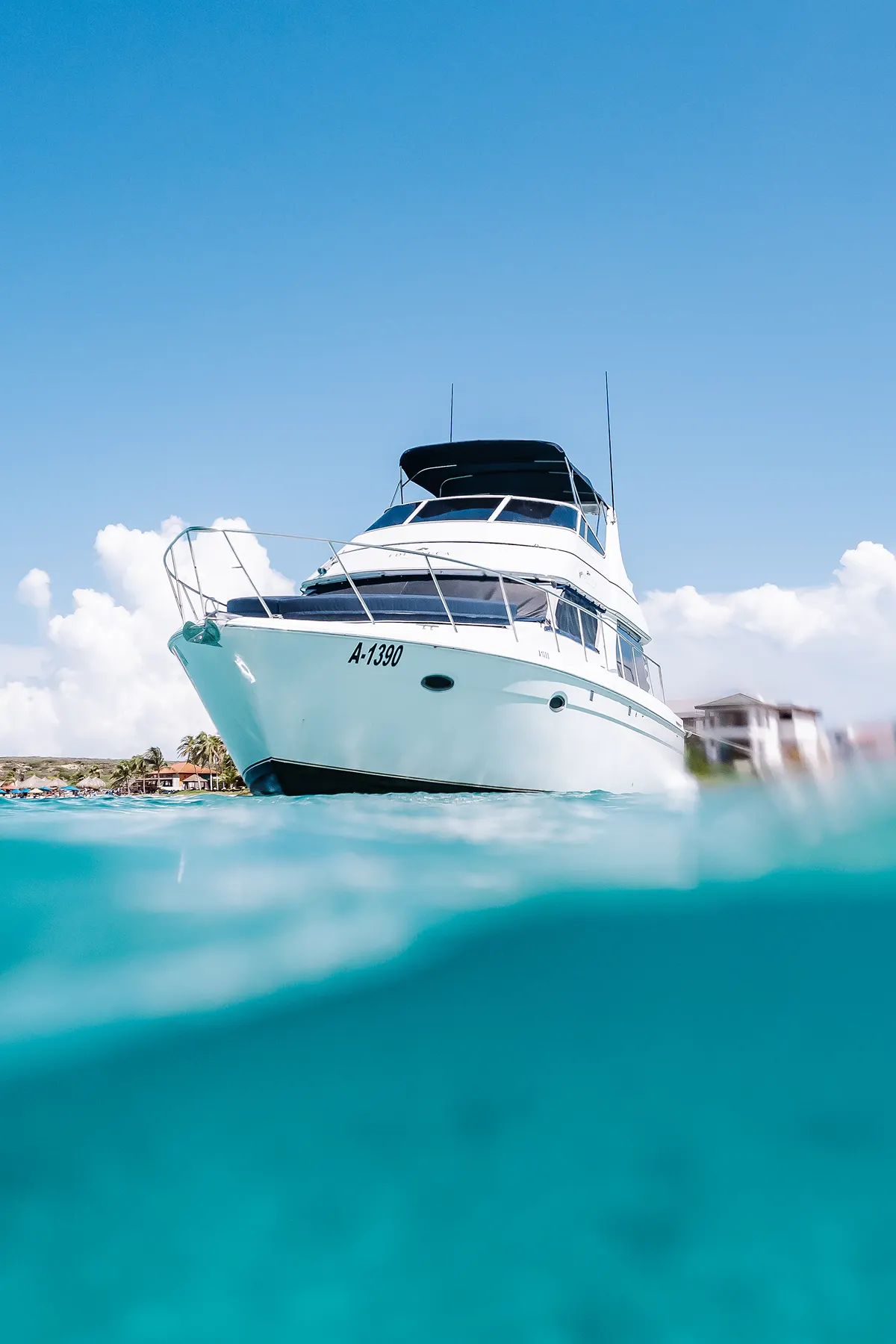 Eden Luca Blue waterline bow detail, private yacht charter in Aruba