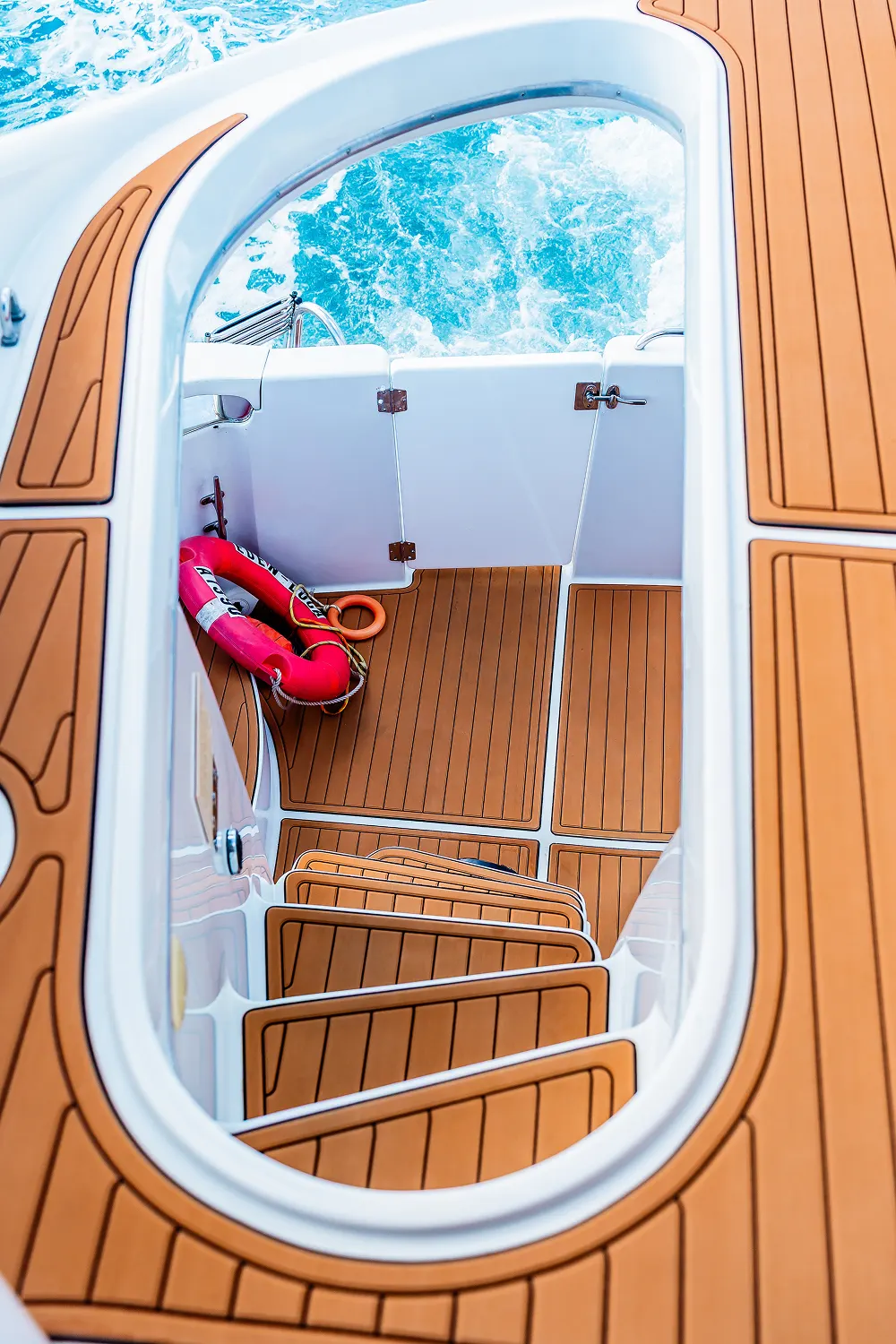Eden Luca Blue, Teak Stairwell to the Swim Platform