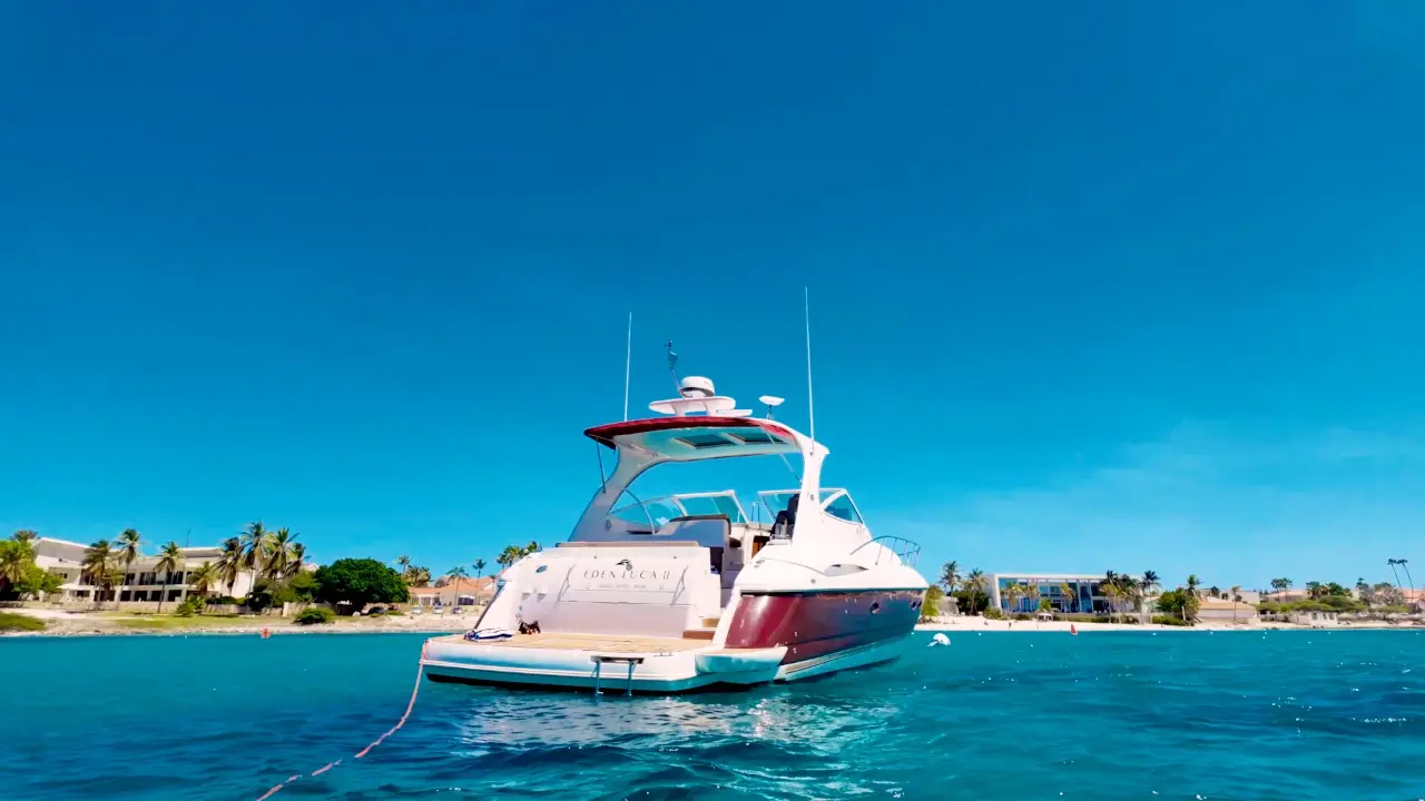 Eden Luca Red swaying at anchor in clear blue water off a palm-lined Aruba beach